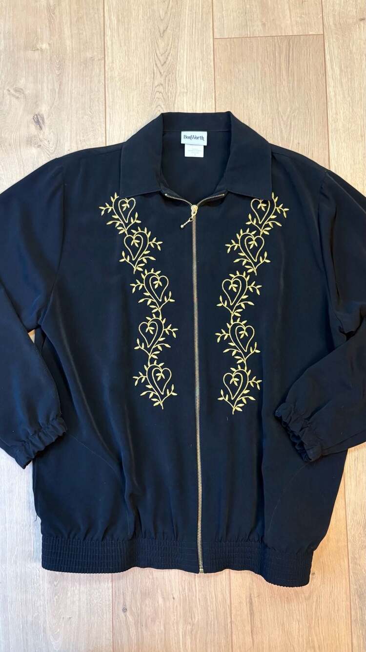 BonWorth Jacket Size S Black Gold Embroidered Heart Vine Zip Up